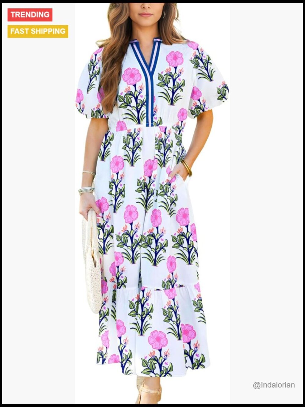 Polyester Maxi Dress With V-Neck High Waist Flowy Casual